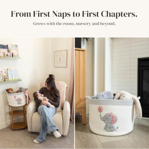 Elephant Baby Storage Basket for Girls, Cotton Rope Nursery Bin, 15x11 in - Image 7