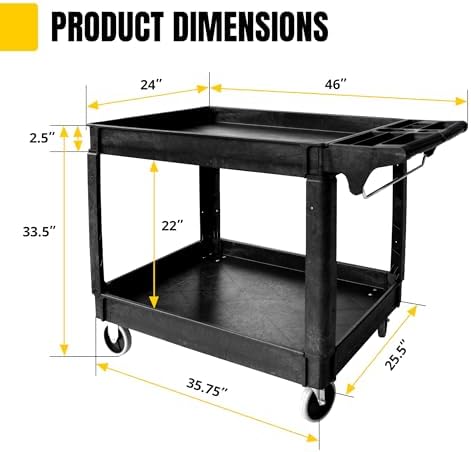 MaxWorks 2‑Tier Heavy‑Duty Utility Service Cart 500 lb Capacity 46" x 25.5" x 33.5" with 5" Swivel Casters and Polypropylene Shelves for Garage Workshop Warehouse Office (80858) - Image 2