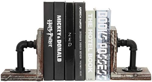 MyGift Decorative Bookends, Office Book Ends for Shelf, Book Holder L-Shaped Stand Desktop, Solid Torched Wood with Realistic Industrial Pipe Design - Image 2