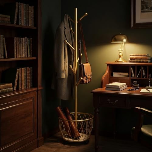 Gold Moveable Tree Metal Coat Rack with Basket Freestanding 65" - Image 4