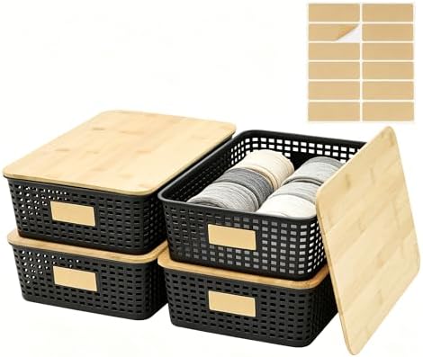 Bagnizer 4 Pack Plastic Storage Bins with Bamboo Lids, 6.2qt Stackable Storage Organizer Box with Lable for Pantry Shelves Drawers Desktop Office, 12"L x 8.3"W x 3.5"H, Black by Bagnizer
