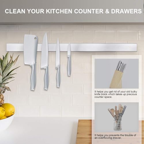 24 Inch Magnetic Knife Strip, Premium Stainless Steel Wall Mounted Kitchen Knives Bar,Space-Saving Powerful No Drilling Magnetic Knife Rack for Home Kitchen Utensil Holder & Tool Holder - Image 4
