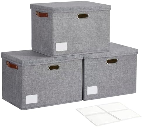 17" Large Fabric Storage Box with Lids, 3-Pack, Gray by Roobyl