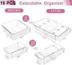 16 Pcs Extendable Clear Drawer Organizer, All Adjustable Vanity Storage Box, 2-Size Desk Drawer Organizer, Durable Storage Bins for Makeup, Cosmetic, Bedroom Dressers Tool Organizer for Gadgets - Image 2