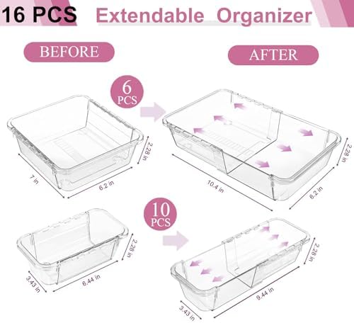 16 Pcs Extendable Clear Drawer Organizer, All Adjustable Vanity Storage Box, 2-Size Desk Drawer Organizer, Durable Storage Bins for Makeup, Cosmetic, Bedroom Dressers Tool Organizer for Gadgets - Image 2