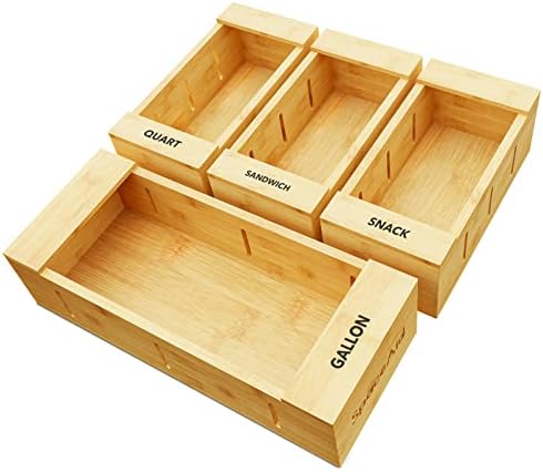 SpaceAid Bag Storage Organizer for Kitchen Drawer, Bamboo Organizer, Compatible with Gallon, Quart, Sandwich and Snack Variety Size Bag (4 Pack), 2.5" High by SpaceAid