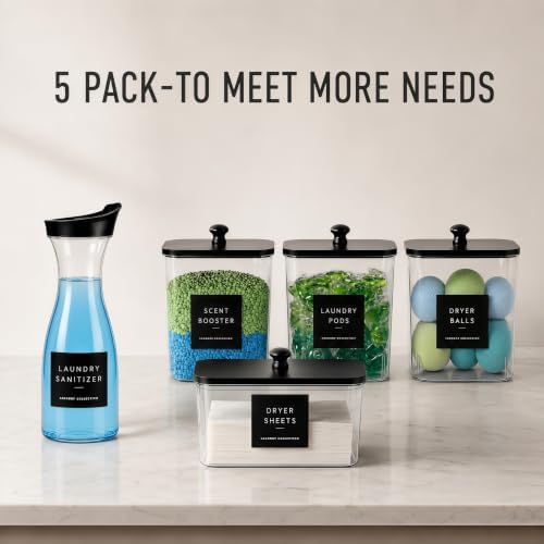 4+1 Pack Laundry Pods Containers & Dryer Sheet Holder & Laundry Detergent Dispenser, Laundry Room Organization and Storage Jars with Lids, Labels and Scoops for Scent Booster, Powder, Pods - Image 5