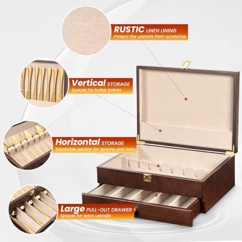 Silverware Storage Box, 2-Layer Flatware Storage Case with Drawer, Wooden Silverware Chest with Linen Liner, Rustic Silverware Case for Storing Fine Flatware and Utensils (Walnut) - Image 3
