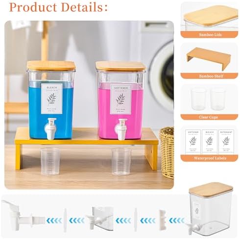 RoleDes Liquid Laundry Detergent Dispenser Set with Shelf and Bamboo Lids for Laundry Room Organization and Storage - 2 Pack 96 oz Laundry Containers for Laundry Soap, Fabric Softener - Image 4