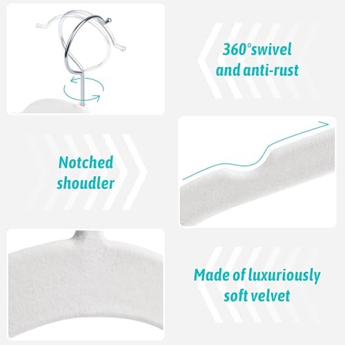 Sishynio Velvet Hangers 50 Pack, Non-Slip Slim Felt Clothes Hangers White - Image 2