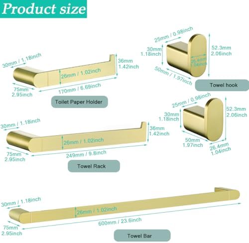 5-Pieces Bathroom Accessories Set, Stainless Steel Bathroom Hardware Set, 23.6 Inch Bath Towel Bar Set, Towel Hooks,Towel Racks for Bathroom Wall Mounted,Brushed Gold,SE96026S-5BG - Image 3