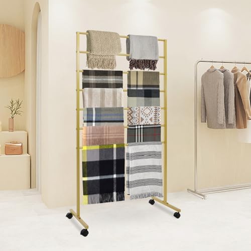 7-Tier Metal Scarf Display Stand with 360°Swivel Wheels, Freestanding Scarf Holder Organizer Rack, Floor Standing Belt Shawl Hijab Towel Display Rack for Boutique, Retail Store, Home (Golden) - Image 6