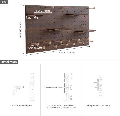 Wooden Pegboard Modular Display Organization Storage Wall Hooks Shelf (Walnut Colored Finish-B-4) - Image 3