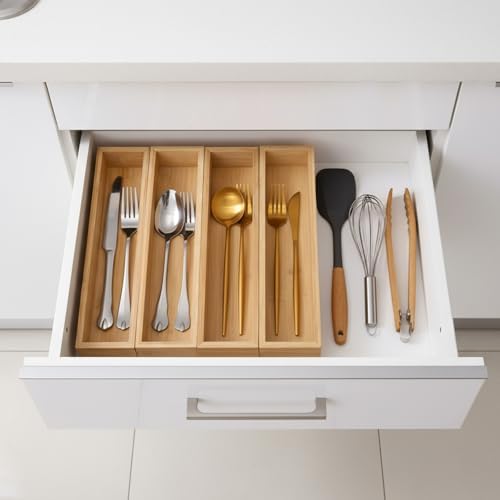 4 Pcs Bamboo Drawer Organizer Stackable Utensil Organizer for Kitchen Bamboo Storage Box Wood Silverware Tray for Drawer, Dresser, Bathroom 12" x 3" x 2" - Image 3