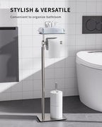 Toilet Paper Holder Stand, Free Standing Toilet Paper Holder with Shelf for Bathroom, Stainless Steel Brushed Nickel Toilet Paper Roll Holder with Storage, Reserve for 3 Rolls, Weighted Base - Image 2