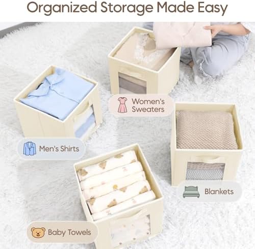 Homsorout Foldable Storage Cubes - Cubby Storage Organizer with Window, Decorative Baskets for Organizing, Fabric Bins for Clothes Storage, Closet Storage Cubes-11inch, Set of 8, Beige - Image 5