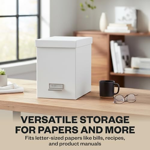 Bigso John Fiberboard Label Frame Desktop File Storage Box - Document Organizer for Important Paperwork - Durable Hanging File Box with Lid & Metal Label Window - 7.36 x 13.38 x 10.51 in - White - 2pk - Image 3