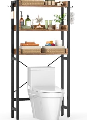 Ecoprsio Over-The-Toilet Storage Rack, 3-Tier Bathroom Organizer Shelf Over Toilet, Freestanding Space Saver Toilet Stands with 4 Hooks, Rustic Brown by Ecoprsio