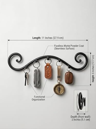 Farmhouse Wrought Iron Wall Mounted Key Holder – Handcrafted Swirl Decorative Design | Heavy Duty 5 Hook Entryway Organizer Rack for Keys, Coats, Hats, Bags & Dog Leash (Swirly Black) - Image 2