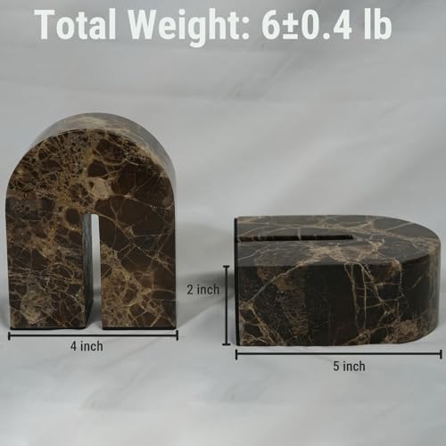 Natural Marble Bookends for Shelves,Unique Brown Arched Book Ends, Office bookends for Heavy Books, Set of 2,Heavy Duty (Brown) - Image 2