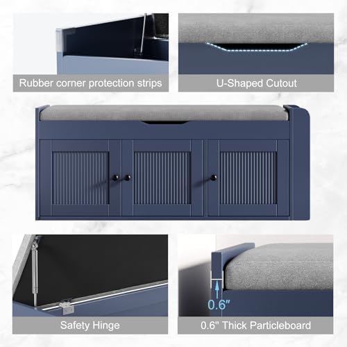 42.6" Storage Bench - Shoe Storage Bench with Side Storage Shelves and 3 Doors, Multifunctional Entryway Bench with Lift Top Cushion, Shoe Bench for Bedroom, Living Room, Entryway, Navy Blue - Image 6
