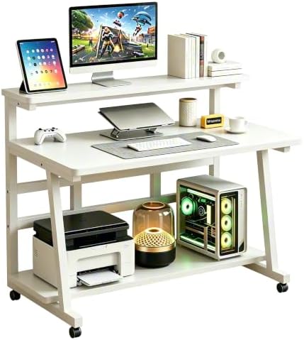 Rolling Computer Desk, 31.5 Inch Small Desks For Small Space, Portable Small Computer Desk with Monitor Stand & 3-Tier Storage, Portable Desk on Wheels for Writing, Home Office, Small Desk for Bedroom by Unknown