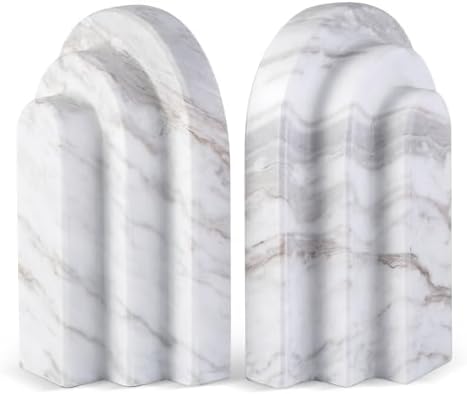 Natural Marble Book Ends - Heavy Duty Bookends for Shelves - Aesthetic Layered Arch Design Stone Book Holders, Modern Office Bookshelf Stopper Decor for Books/CDs (Volakas) by BCS