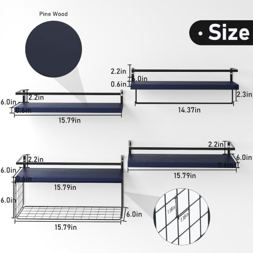 Wood Floating Shelves Wall Mounted - 4+1 Tier Rustic Bathroom Wall Shelves Over Toilet with Wire Storage Basket and Towel Bar, set of 4 Farmhouse Floating Shelf for Bathroom, Kitchen,Navy Blue. - Image 2