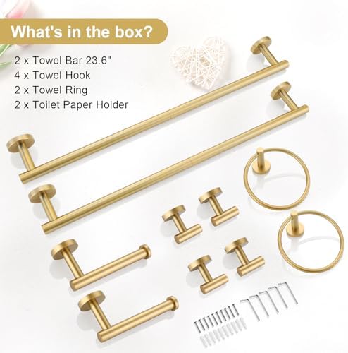 TQKAG Brushed Gold Bathroom Hardware Accessories Set 10-Pieces, Premium SUS304 Stainless Steel Bathroom Towel Bar Holder Set 23.6 Inch Round Towel Racks for Bathroom Wall Mounted - Image 7