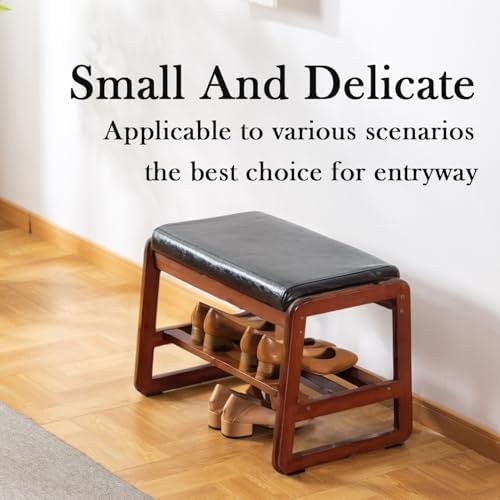 latifolia Solid Wood Bench, Entryway Shoe Bench with Cushion, 2 Tier Shoe Storage Organizer for Hallway, Living Room(Black,21.65''L) - Image 4