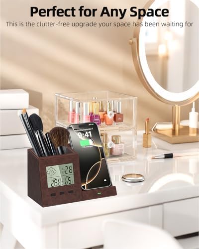 Desk Organizer with Wireless Charger, Digital Clock, Thermometer & Hygrometer - Multi-Functional Pencil Holder, Office Desk Accessories Storage Caddy for Home, Office, Men, Women (Battery Included) - Image 5