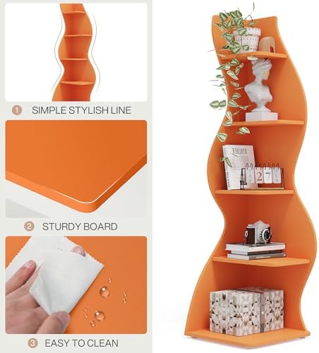 Tribesigns Corner Shelf, Modern 5-Tier Wall Corner Bookshelf, Stylish Corner Small Bookcase Storage Rack Plant Stand with Unique Shape for Living Room, Home Office (Orange, 2PCS) - Image 6
