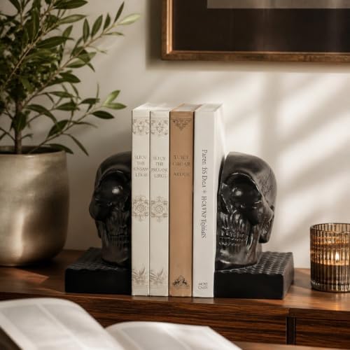 Skull Book Ends, Decorative Bookends for Shelves, Antique Gothic Style Skull Bookend Design Resin Skeleton Human Head Statue Halloween Décor (Black) - Image 3