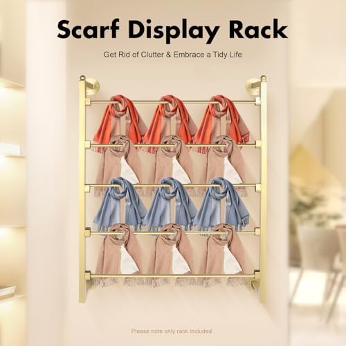 5-Layer Wall Mounted Scarf Rack, Silk Scarves Hijab Hanger Wrapping Paper Ribbon Organizer Metal Towels Storage Display Belts Necktie Hijab Stand for Home Retail Stores (Gold) - Image 2