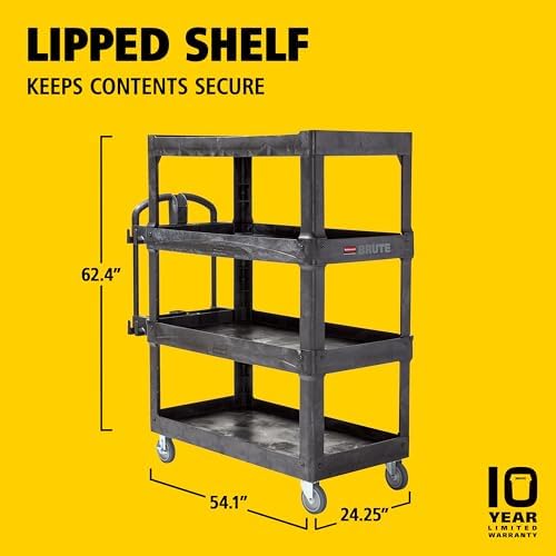 New Rubbermaid Commercial Products 4-Shelf Utility/Service Quad Cart, Heavy Duty Large, Lipped Shelf, Ergonomic Handle, 700 lbs. Capacity, for Warehouse/Garage/Cleaning/Manufacturing (2128657) Black - Image 6