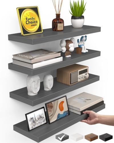 BAYKA Gray Floating Shelves 15.7in, Set of 4, Wall Mount Rustic Wood Shelf by Bayka