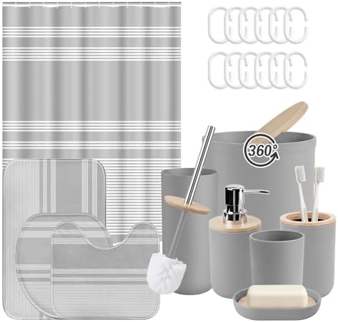 Bathroom Decor and Accessories Set of 10, Striped Grey by Tayney