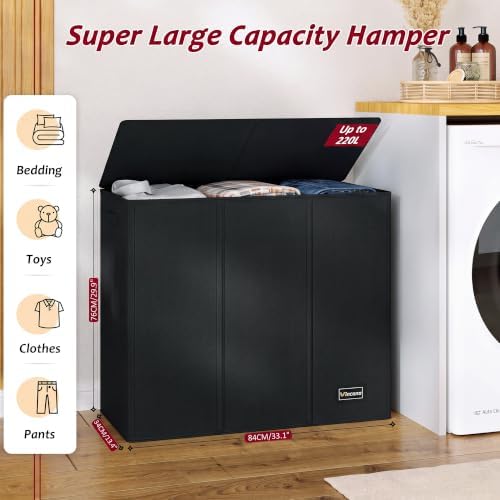 220L Laundry Hamper 3 Section,Large Laundry Hamper with Lid,Dirty Clothes Hamper with 3 Inner Bags,Collapsible Laundry Basket Organizer for Laundry Room,Bedroom,Laundry Sorter Hamper 3 Compartment - Image 2
