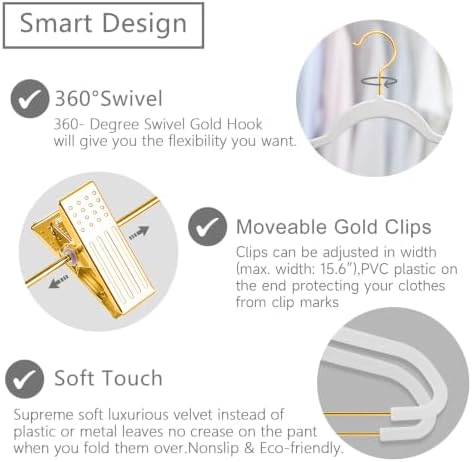 MIZGI Premium Velvet Pants Hangers with Adjustable Clips (Pack of 20) Slim Skirt Hangers- Non Slip Felt Outfit Dress Hangers White - Gold Hooks,Space Saving Shirt Clothes Hangers - Image 3