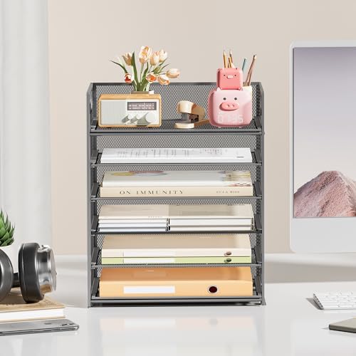 Subekyu 6-Tier Desk Paper Organizer, Desktop File Letter Tray with Handle, Document Sorter and Accessories Holder for Office, Home and School Workspace Organizers, Gray-2 Pack - Image 4
