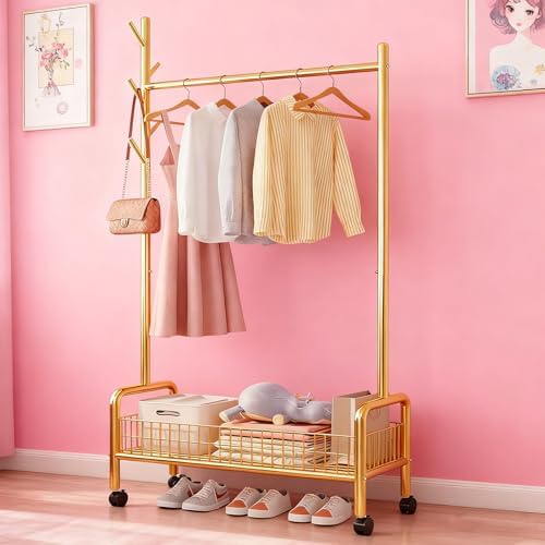 MYUPDALIN Rolling Metal Clothes Rack with Shelves & Storage Basket, Gold - Image 2