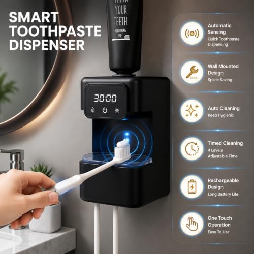 Wall-Mounted Automatic Toothpaste Dispenser, Toothbrush Cleaner with Sensor-Activated Design, Toothbrush Holder with Removable Slots & Smart Display, Toothpaste Dispenser for Kids & Adult (Black2.0) - Image 2