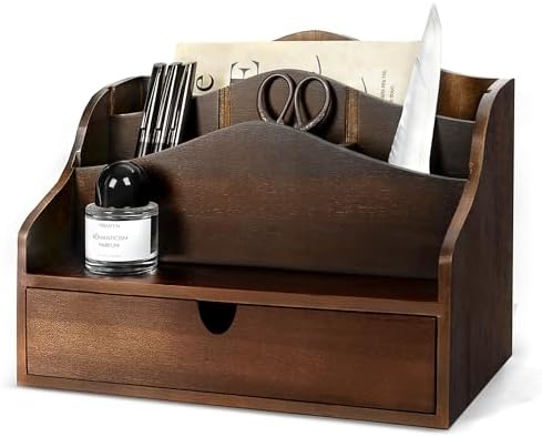 Rebee Vision Acacia Wood Mail Organizer for Desk Room Decor, Dark Brown by REBEEVISION