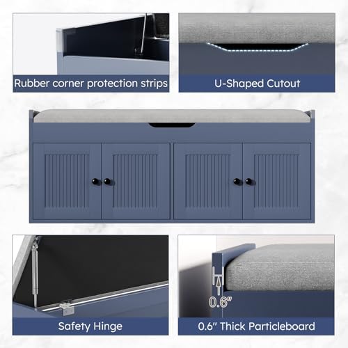 47.2" Storage Bench - Entryway Shoe Bench with 4 Doors and Top Storage Area, Multifunctional Entryway Bench with Lift Top Cushion, Shoe Storage Bench for Bedroom, Living Room, Navy Blue - Image 6