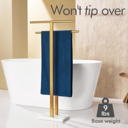 KOKOSIRI Standing Towel Rack for Bathroom Floor 2-Tier Towel Holder Free Stand with Heavy Marble Base Thicken Steady Design Gold Stainless Steel THS0005-BG - Image 5