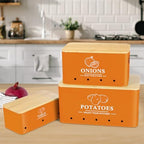 Kitchen Vegetable Storage Set of 3, Metal Onion Garlic Potato Storage Set, Kitchen Canisters Vegetable Keeper Containers with Aerating Holes and Bamboo Lid,Orange - Image 2