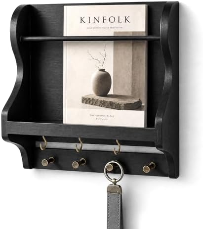 Pine Wood Mail Organizer Wall Mount with 7 Key Hooks for Home Decor, Black by REBEEVISION