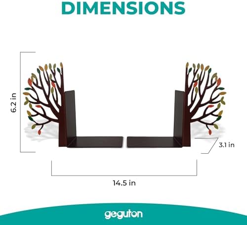 Tree Bookends with Autumn Leaves - Steel with Matte Black Epoxy Coating - Decorative Pair of Book Holders for Shelves, Desk, and Office - Black with Colorful Accents – Geguton - Image 2