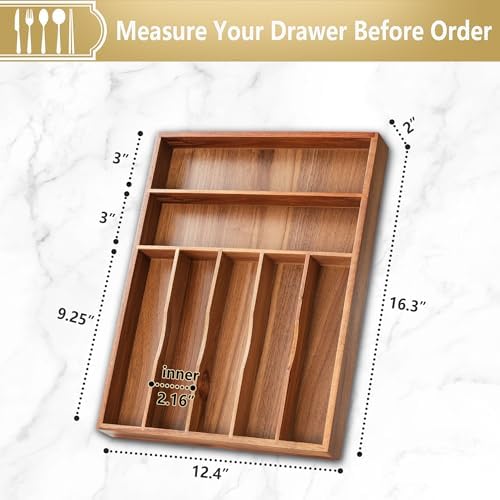 Silverware Organizer, 12.5 Inch Utensil Organizer Kitchen Drawer Organizer Acacia Silverware Holder Cutlery Tray Organizer in Drawer Flatware Organizer Tray(7 slots, Acacia） - Image 2