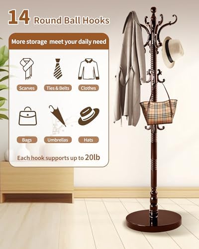 Wooden Coat Rack Freestanding, Solid Wood Coat Rack Stand with 14 Hooks, Vintage Heavy Duty Standing Coat, Sturdy Jacket Hanger Tree Stand for Corner, Office, Entryway - Image 4